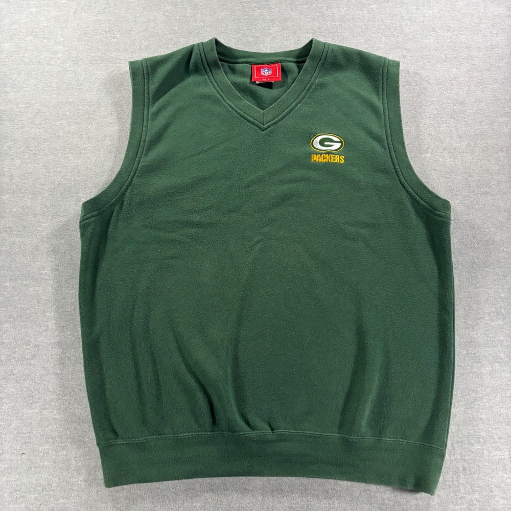 NFL Green Bay Packers V-Neck Sweater Vest Mens Large Green Fleece Cotton Blend